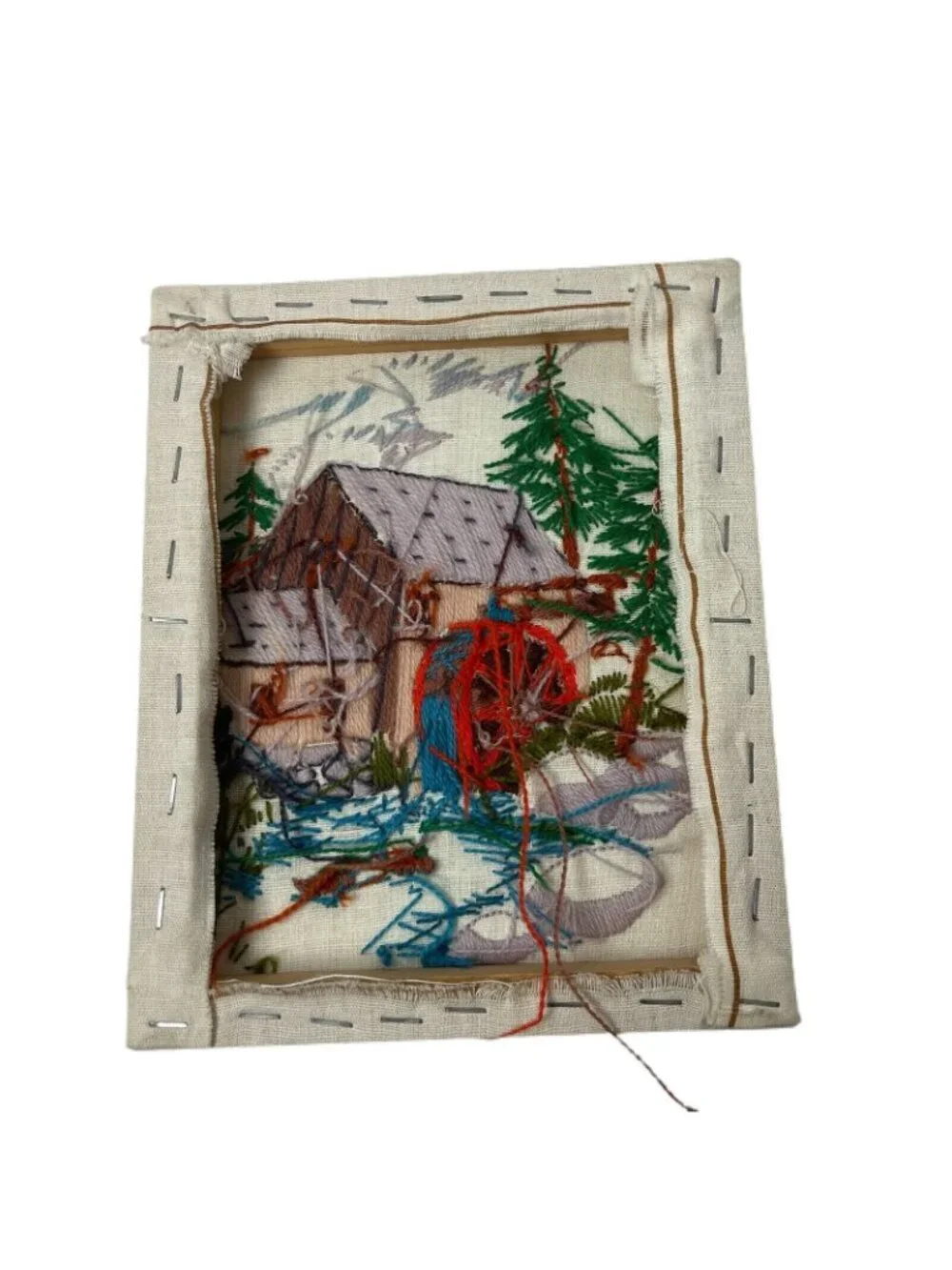 Vintage Hand Embroidered Scenic Watermill Textile Art Rustic Decor Nature Motif